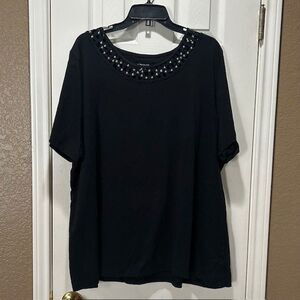 Liz & Me Women 2X Top Braided Neck Wilver Studs knit short sleeve workwear Black